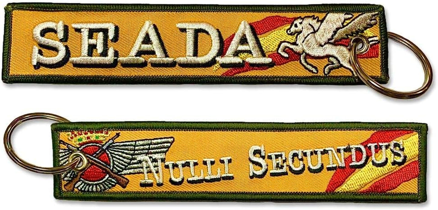 Llavero Bordado Ejército Del Aire Español SEADA Segundo Escuadrón De Apoyo Al Despliegue Aéreo, Nulli Secundus, Color Mostaza